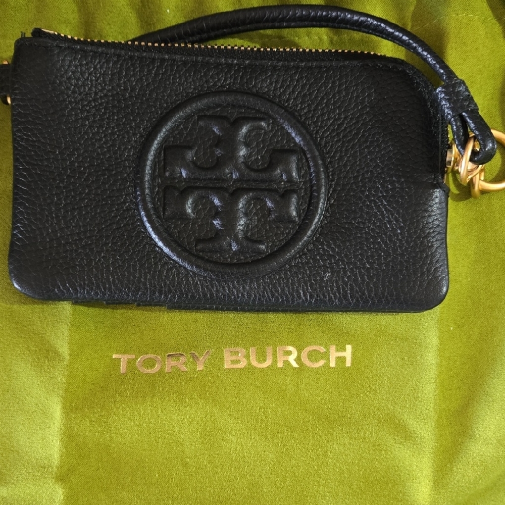 Tory Burch Black Pebbled Leather Logo Wristlet with Gold Hardware